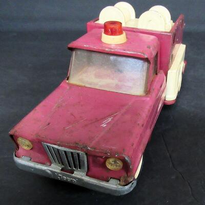 Vintage Metal and Plastic Fire Truck, Wood Car and Tin Kazoo