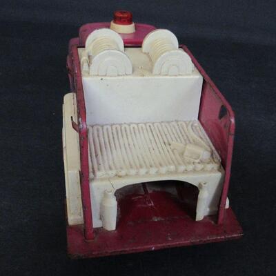 Vintage Metal and Plastic Fire Truck, Wood Car and Tin Kazoo