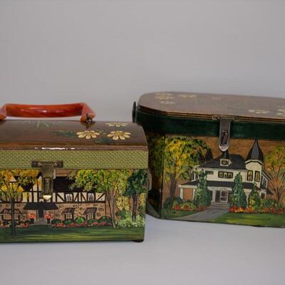 GROUPING OF TWO HAND PAINTED BOX PURSES ARTIST SIGNED/ONE WITH LUCITE HANDLE