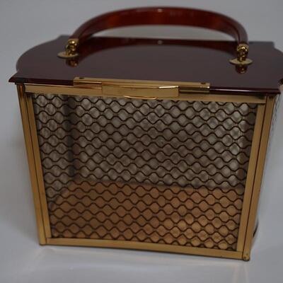 1950's MAJESTIC LUCITE HAND BAG WOVEN PATTERN BURGANDY COLOR W/BRASS