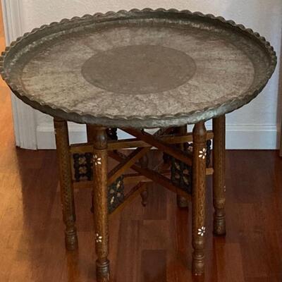 Vintage Tin Washed Copper Table With Decorative Wooden Base