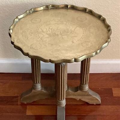 Small Brass Top Asian Table With Wooden Base