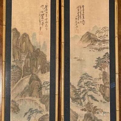 Two Asian Prints With Bamboo Frames