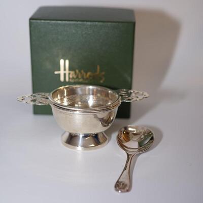 HARRODS OF LONDON TEA STRAINER/BOWL WITH COFFEE SPOON WITH ORIGINAL BOX