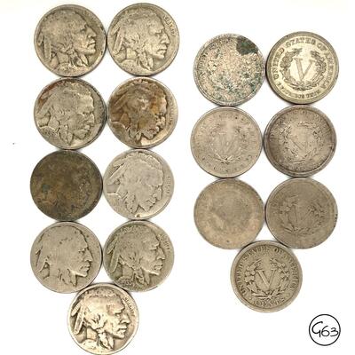 Grouping of 7 Liberty Head Nickels & 9 Buffalo Nickels