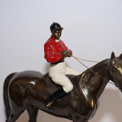 JOCKEY ON BRONZE PLATED SPELTER HORSE COLD PAINTED ON PLATFORM