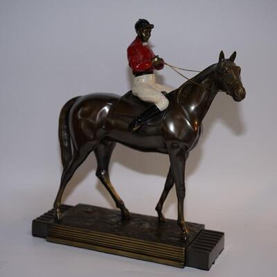 JOCKEY ON BRONZE PLATED SPELTER HORSE COLD PAINTED ON PLATFORM