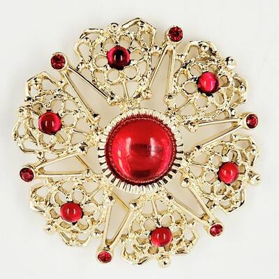 VINTAGE SARAH COVENTRY GOLD TONED & FAUX RUBY BROOCH