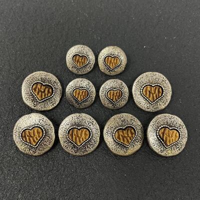 10 HEART BUTTONS W/ CARVED CENTERS - PEWTER?