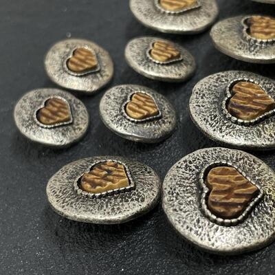 10 HEART BUTTONS W/ CARVED CENTERS - PEWTER?