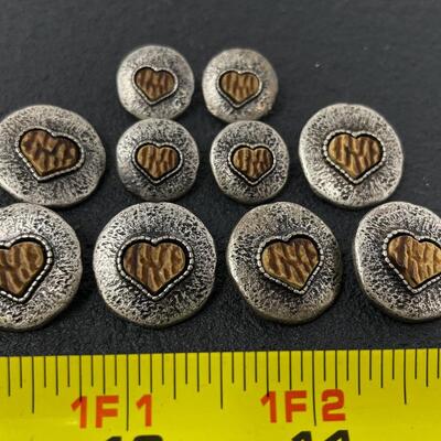 10 HEART BUTTONS W/ CARVED CENTERS - PEWTER?