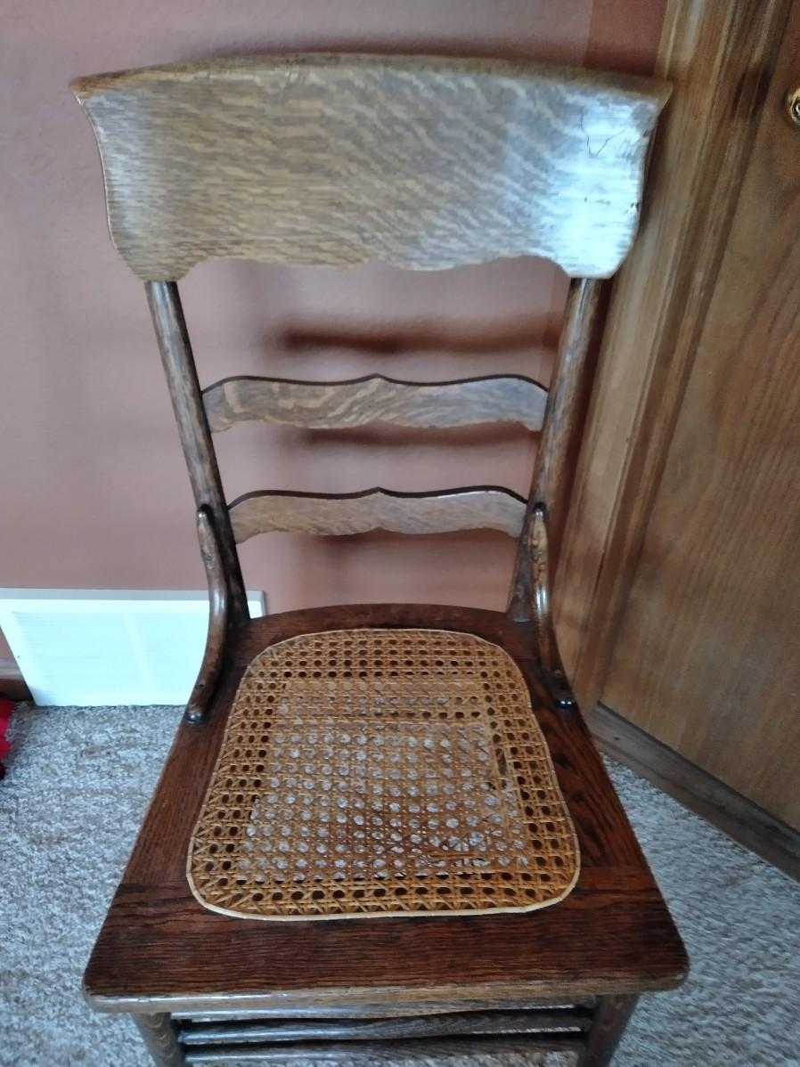 LOT 177 ANTIQUE WICKER SEAT CHAIR WITH AFGHAN (E)