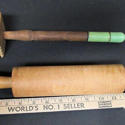 Antique Meat Tenderizer and Vintage Wood Rolling Pin