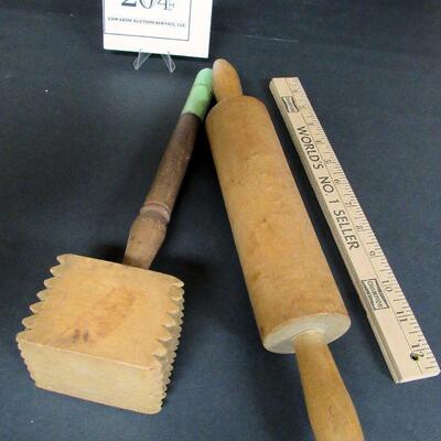 Antique Meat Tenderizer and Vintage Wood Rolling Pin