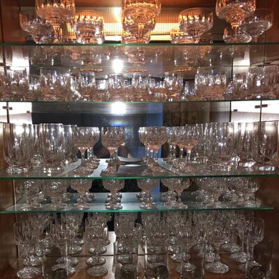 Five Shelf Lot of Crystal Cut Glass Drinkware