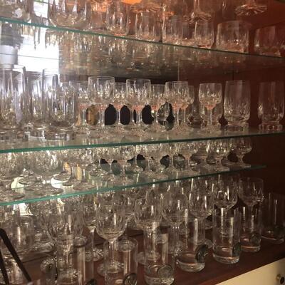 Five Shelf Lot of Crystal Cut Glass Drinkware
