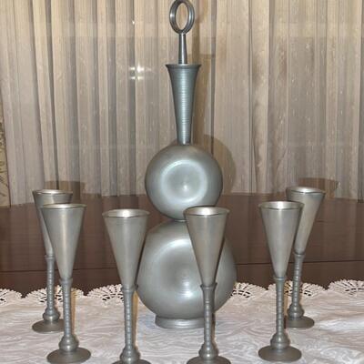 Art Deco Havstad Pewter Decanter and Cordial Cups