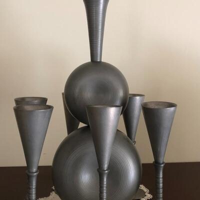 Art Deco Havstad Pewter Decanter and Cordial Cups