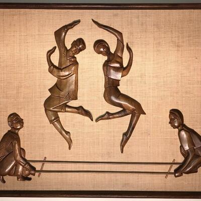 Mid-Century Asian Teak Carving on Burlap