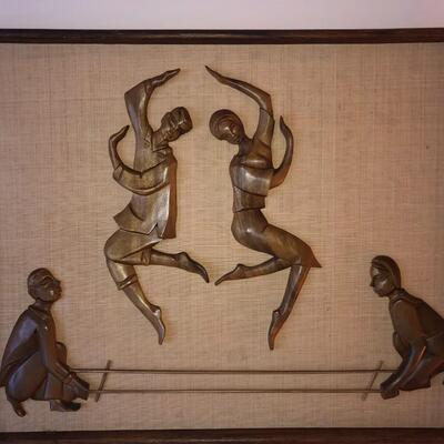 Mid-Century Asian Teak Carving on Burlap