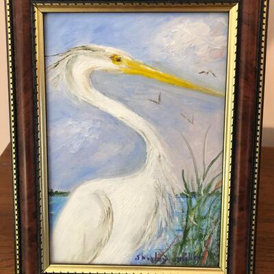 Heron Framed Painting Signed 