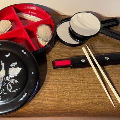 Five Piece Asian Black Lacquer & Ceramic