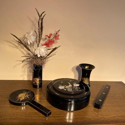 Five Piece Asian Black Lacquer & Ceramic