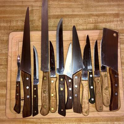 Cutting Board and Wood Handled Knives Lot