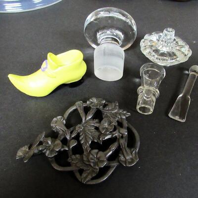 Large Lot of Orphins, Quimper Cruet, Mushroom Covers and Creamer, Fry Glass Cover, More