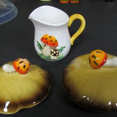 Large Lot of Orphins, Quimper Cruet, Mushroom Covers and Creamer, Fry Glass Cover, More