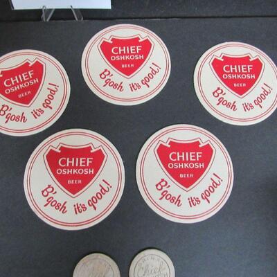 2 Unusual Original Chief Oshkosh Cardboard Tokens and 5 Unused Chief Oshkosh Coasters