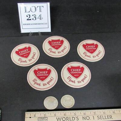 2 Unusual Original Chief Oshkosh Cardboard Tokens and 5 Unused Chief Oshkosh Coasters