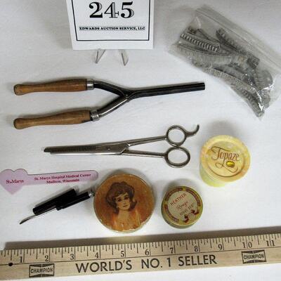 Vintage Dresser Items, Old Curling Iron, Old Rouge Tin, More