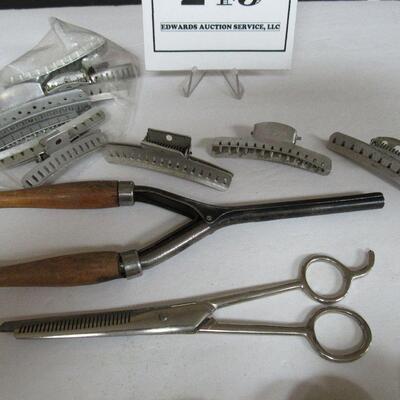Vintage Dresser Items, Old Curling Iron, Old Rouge Tin, More
