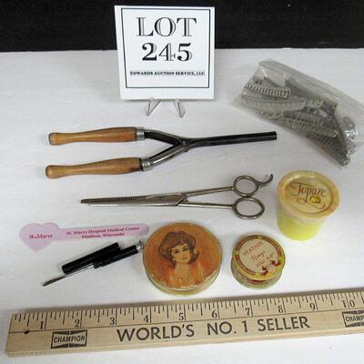 Vintage Dresser Items, Old Curling Iron, Old Rouge Tin, More