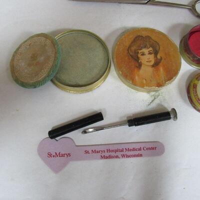 Vintage Dresser Items, Old Curling Iron, Old Rouge Tin, More
