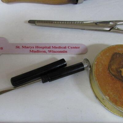 Vintage Dresser Items, Old Curling Iron, Old Rouge Tin, More