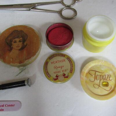Vintage Dresser Items, Old Curling Iron, Old Rouge Tin, More
