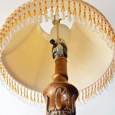 2 Table Lamps with Gold Beaded Shade and Bronze Colored Base