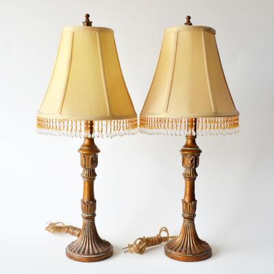 2 Table Lamps with Gold Beaded Shade and Bronze Colored Base