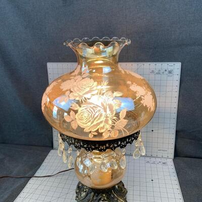 #7 Vintage Mid Century Hurricane Lamp With Etched Roses & Crystals