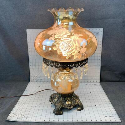 #7 Vintage Mid Century Hurricane Lamp With Etched Roses & Crystals