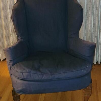 Lot 93: Vintage Queen Anne Chair with Dark Blue Cover