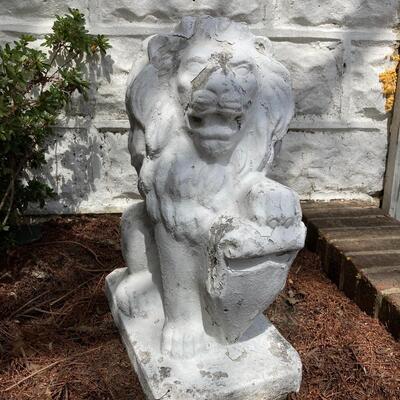 Vintage Concrete Painted Lion with Shield Outdoor Statue 20”h