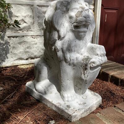 Vintage Concrete Painted Lion with Shield Outdoor Statue 20”h