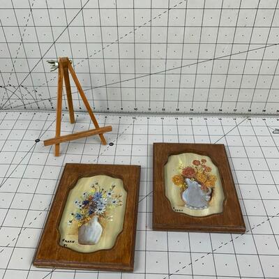 #49 Small Wood Framed Floral Paintings By R Marie '81