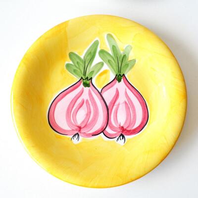 Set of 4 Decorative Plates - Ceramic - Yellow with Watercolor Vegetables