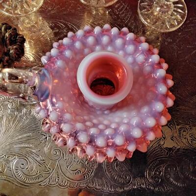 1950s Fenton Cranberry Opalescent Hobnail Handle Candlestick Holder