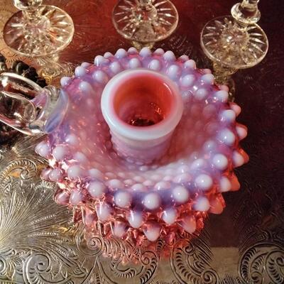 1950s Fenton Cranberry Opalescent Hobnail Handle Candlestick Holder