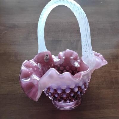 Fenton Cranberry Opalescent Hobnail Basket